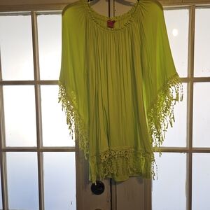 Sunny Leigh Neon Lime Fringe-Trim Tunic Top